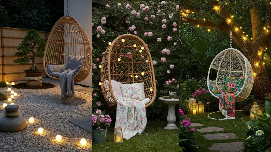 Trois fauteuils suspendus confortables avec plaids et guirlandes LED illuminant des jardins extérieurs cosy.