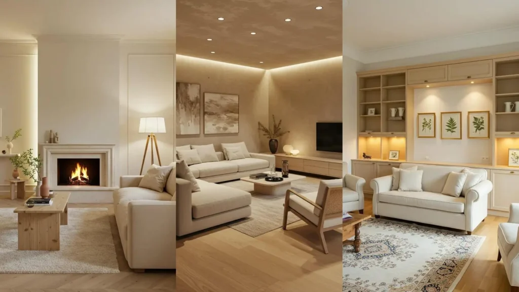 Trois salons cosy en tons crème avec mobilier en bois clair et éclairage indirect créant une ambiance chaleureuse.