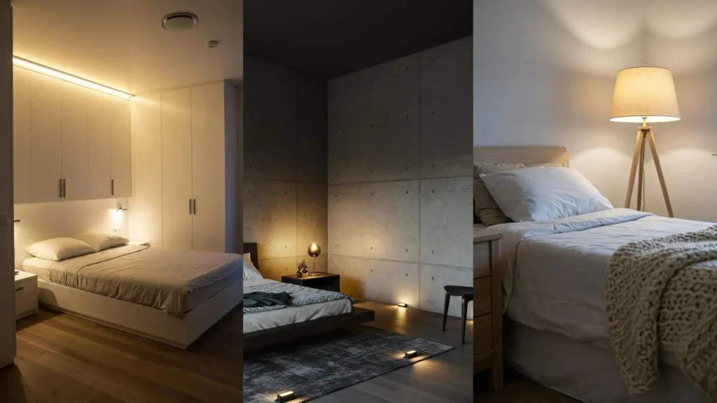Trois chambres minimalistes métamorphosées par un éclairage chaleureux et des lumières d'ambiance douces.