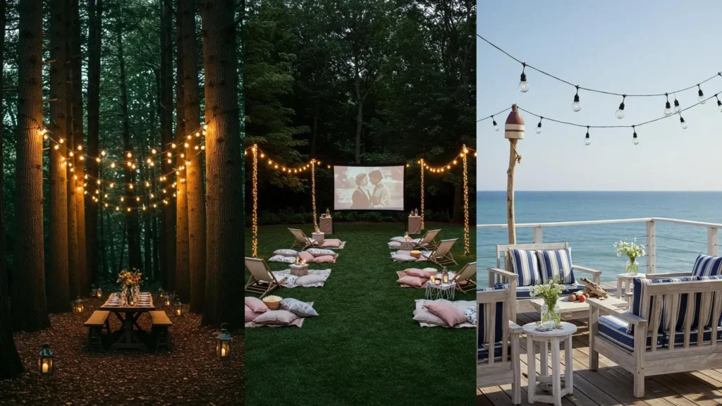 Guirlandes lumineuses et éclairage de jardin pour soirées romantiques: dîner en forêt, cinéma et terrasse.