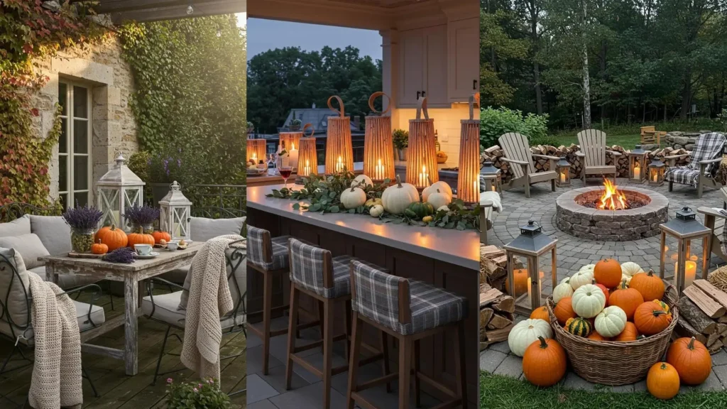 Décorations de terrasse cosy pour l'automne : plaids moelleux, citrouilles colorées et lanternes en bois, ambiance chaleureuse.
