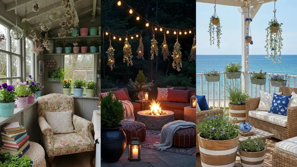 Trois scènes bohème chic: pots décoratifs, coussins confortables et suspensions fleuries pour une déco naturelle.