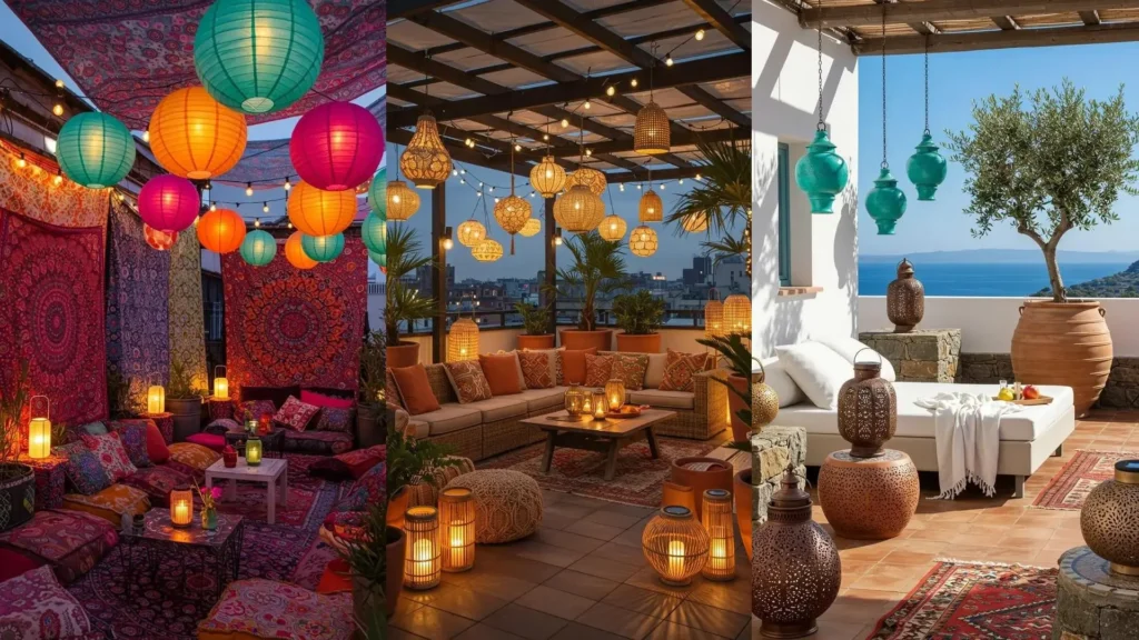 Terrasse bohème avec lampions suspendus colorés et lanternes solaires créant une ambiance chaleureuse et inspirante.