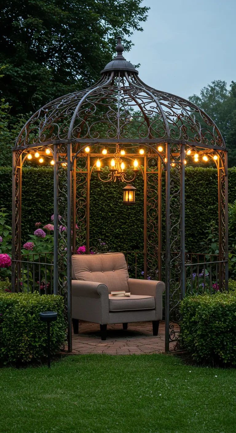 Gazebo en fer forgé avec un fauteuil confortable, éclairé par des guirlandes lumineuses.