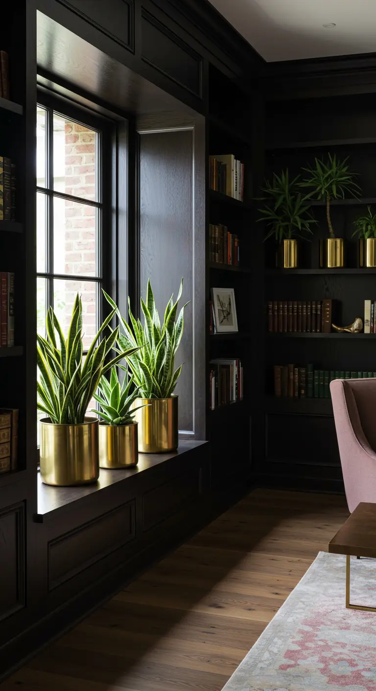Sansevieria dans des pots dorés sur un rebord de fenêtre, dans un bureau aux murs noirs.