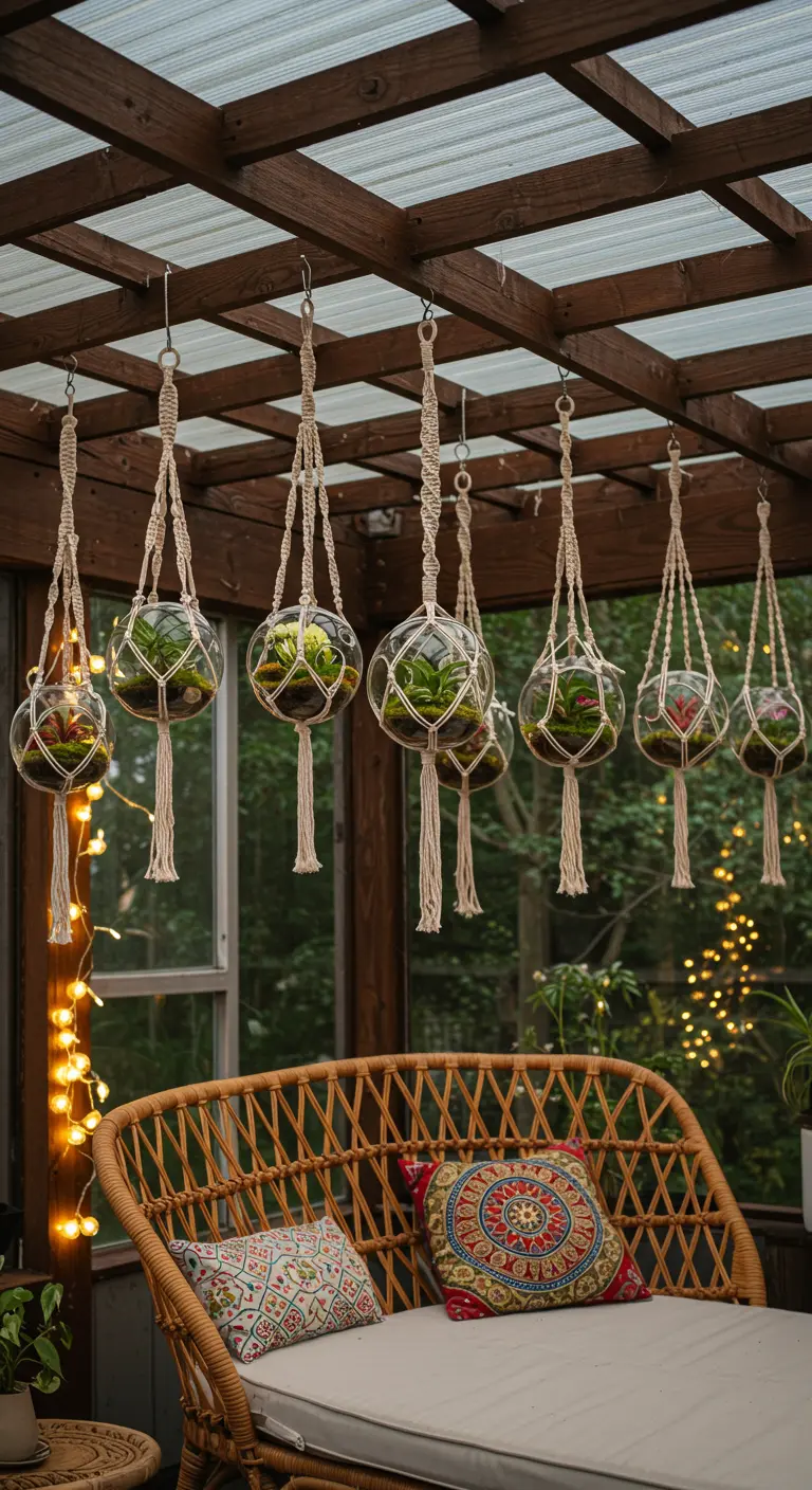 Terrariums en verre suspendus par des macramés dans une véranda avec banquette et guirlandes lumineuses.