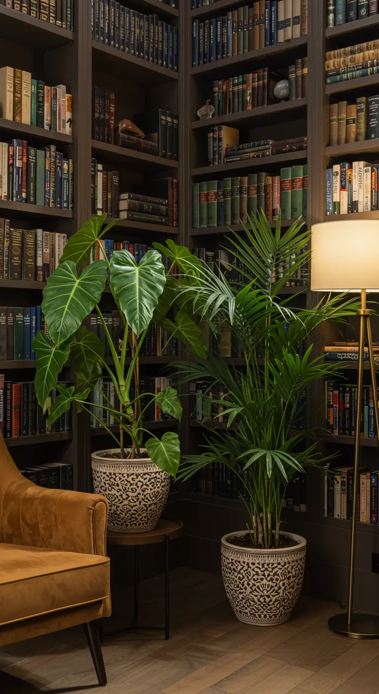 Alocasia et palmier Areca dans des pots ornés dans une bibliothèque.