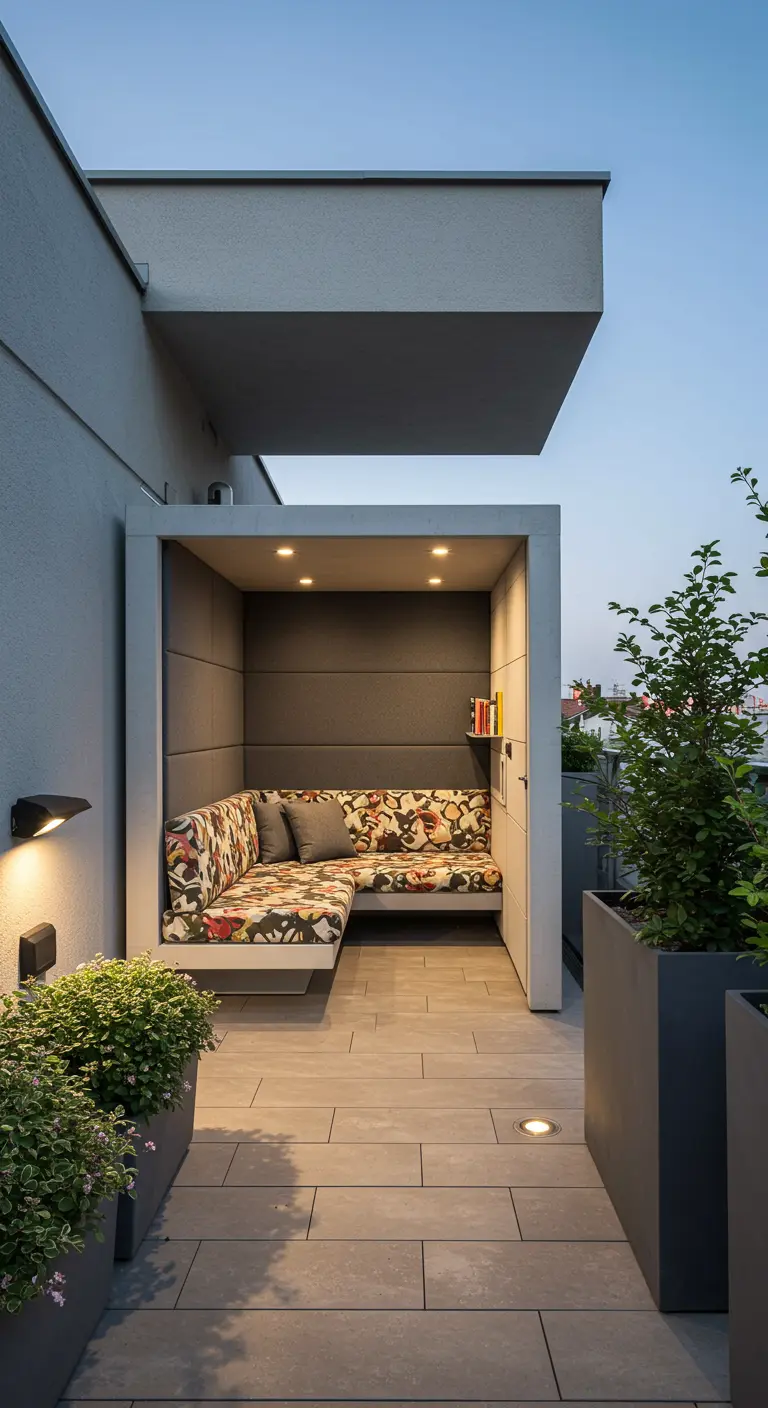 Alcôve moderne sur terrasse avec banquette rembourrée, coussins à motifs, spots encastrés et jardinières.