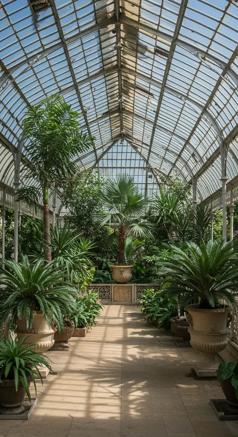 Allée d'une serre majestueuse avec grands palmiers et cycas en pots.