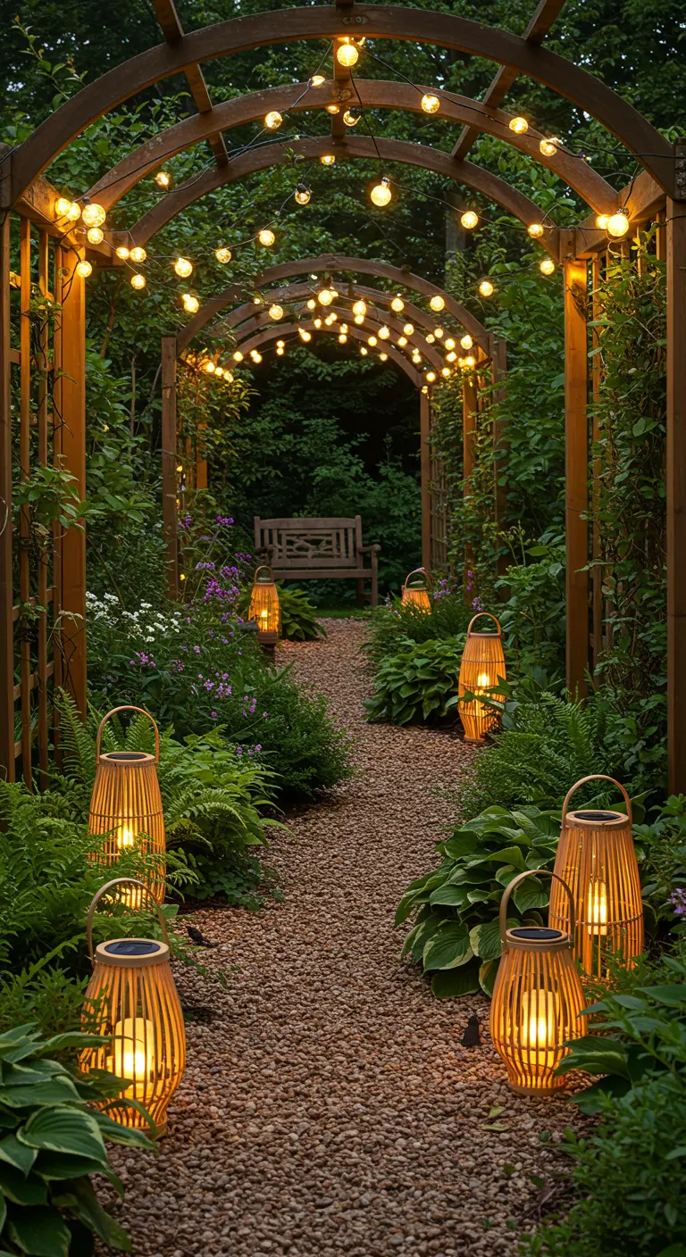 Allée de jardin sous une arche végétale illuminée de guirlandes et lanternes en bambou.
