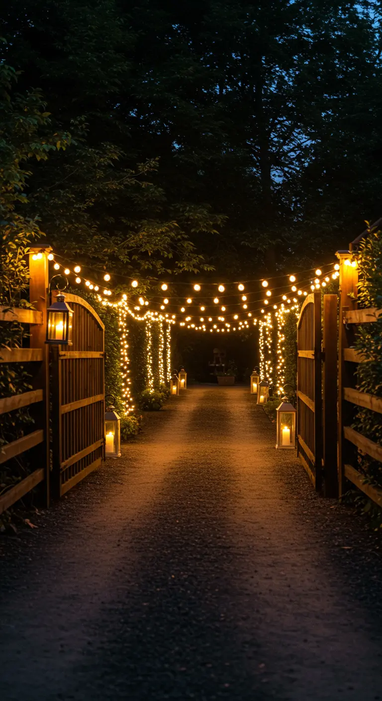 Allée de jardin bordée de guirlandes lumineuses et de lanternes, menant à travers un bosquet.