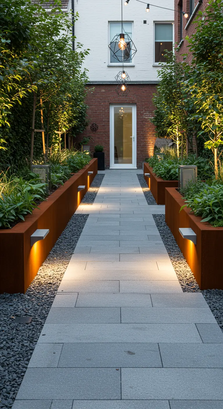 Allée moderne avec jardinières en acier Corten intégrées et éclairées par des spots au sol et des suspensions géométriques.