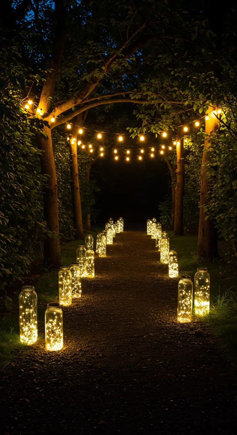 Longue allée sombre bordée de bocaux lumineux, sous une voûte d'arbres illuminée par des guirlandes.