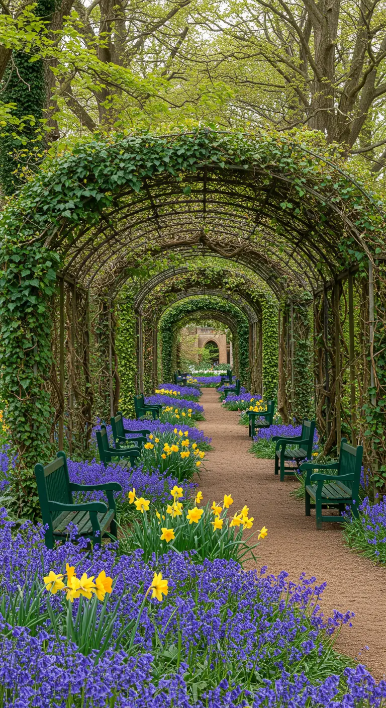 Longue allée sous une arche de lierre, bordée de jacinthes bleues et jonquilles jaunes, avec des bancs verts.