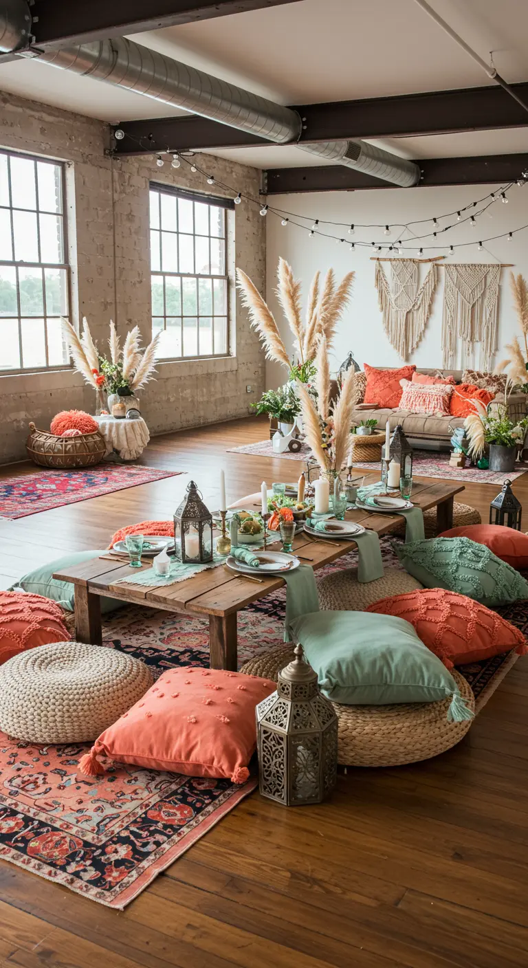 Salon bohème chic au sol avec tables basses en bois, coussins colorés (corail, menthe, sable) et lanternes.