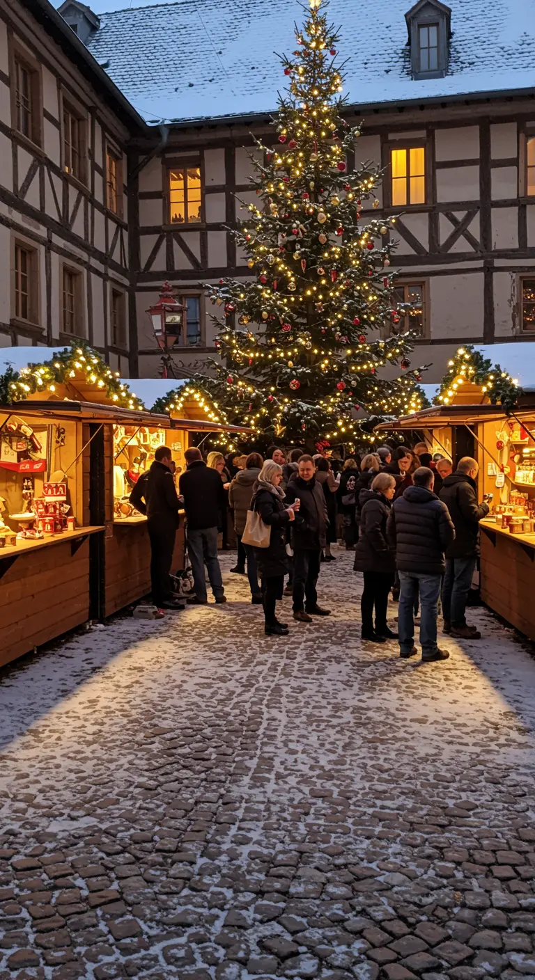 Marché de Noël dans une cour enneigée avec un grand sapin illuminé et des chalets.