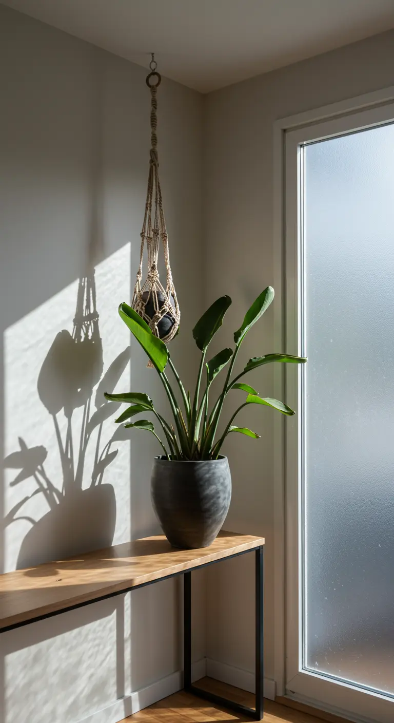 Plante suspendue en macramé avec une ombre sur le mur, et une grande plante en pot au sol.