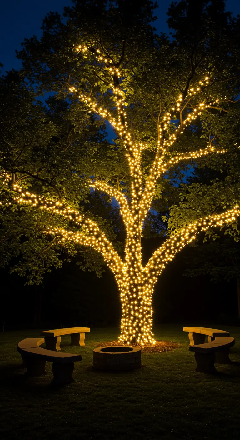 Grand arbre entièrement recouvert de guirlandes lumineuses scintillantes dans l'obscurité.