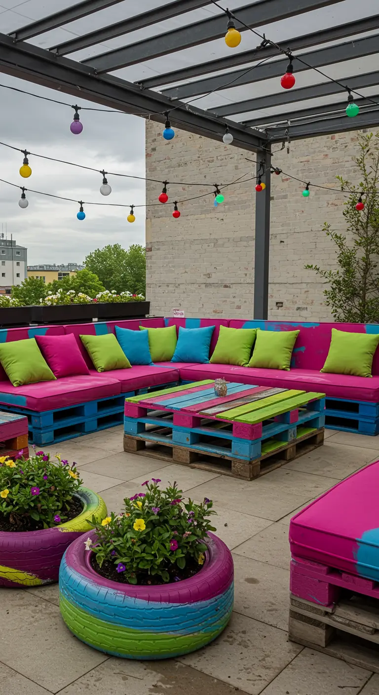 Salon de jardin palettes rayées multicolores, coussins fuchsia/vert/bleu, pneus jardinières.