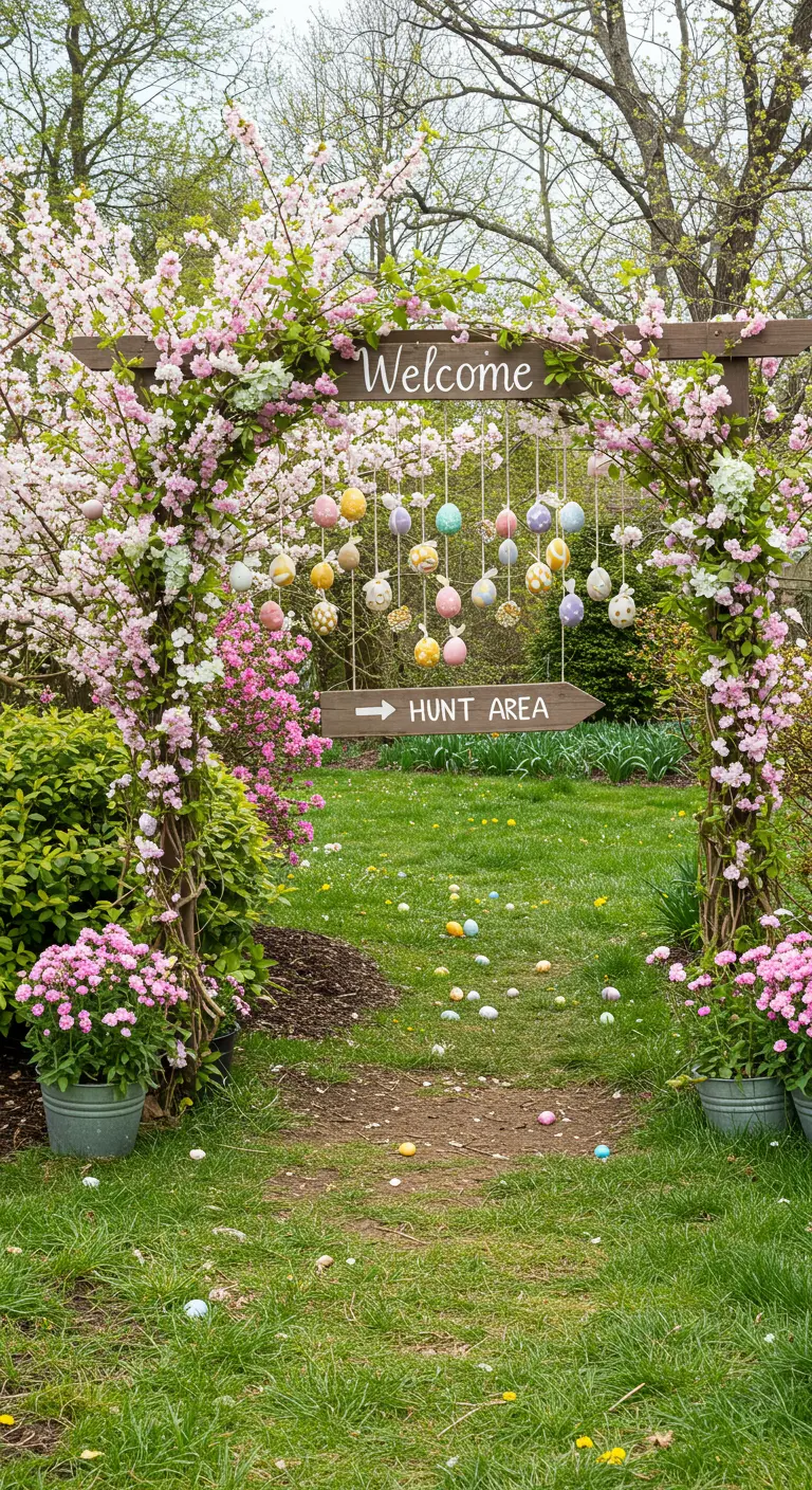 Arche de jardin fleurie avec œufs pastel et dorés suspendus pour Pâques.