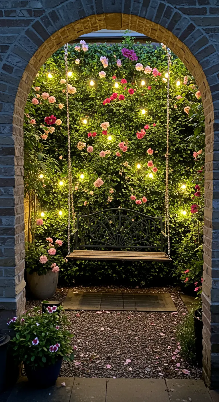 Arche de briques couverte de roses et lierre avec guirlandes, balançoire de jardin.