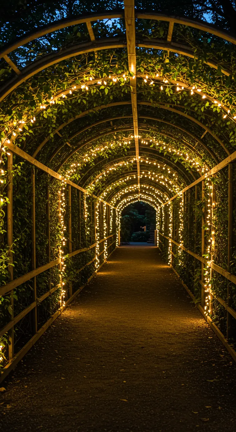Tunnel de jardin avec une arche végétalisée, entièrement recouverte de guirlandes lumineuses.