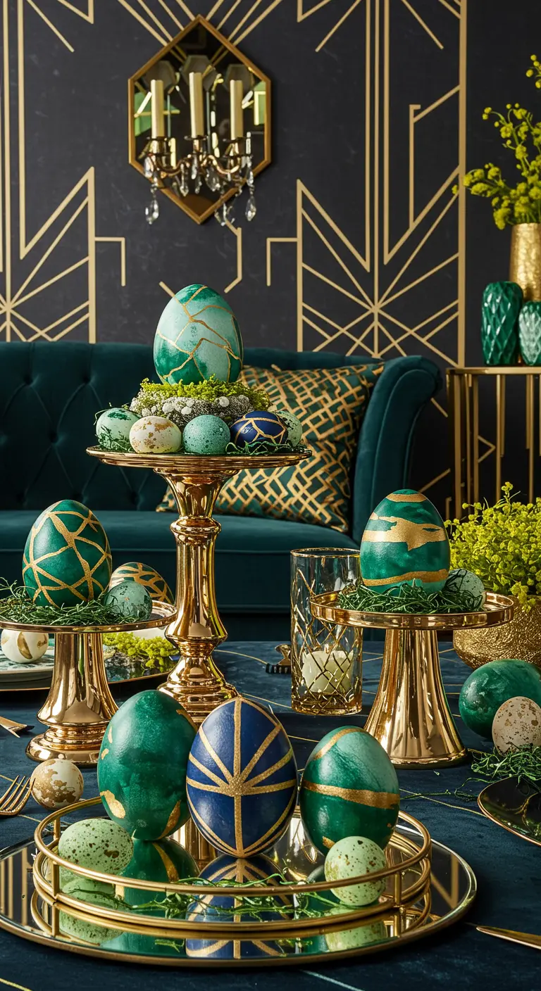 Table Art Déco avec œufs aux motifs géométriques dorés sur chandeliers.