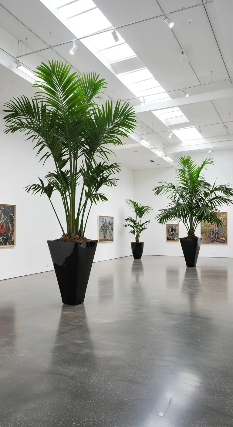 Palmes Areca dans des pots noirs brillants dans un espace galerie.