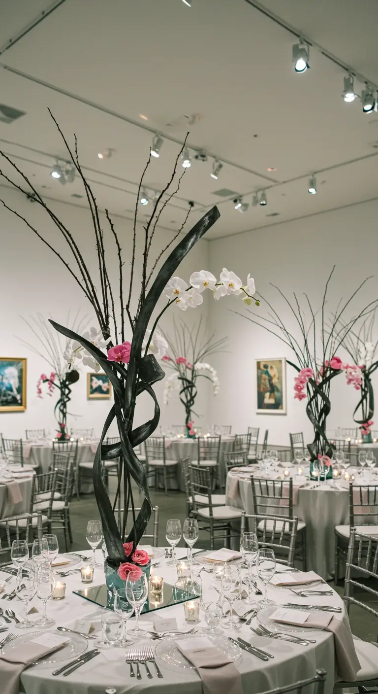Table ronde avec un centre de table moderne asymétrique de branches noires sculpturales, orchidées blanches et roses sur un vase bas.