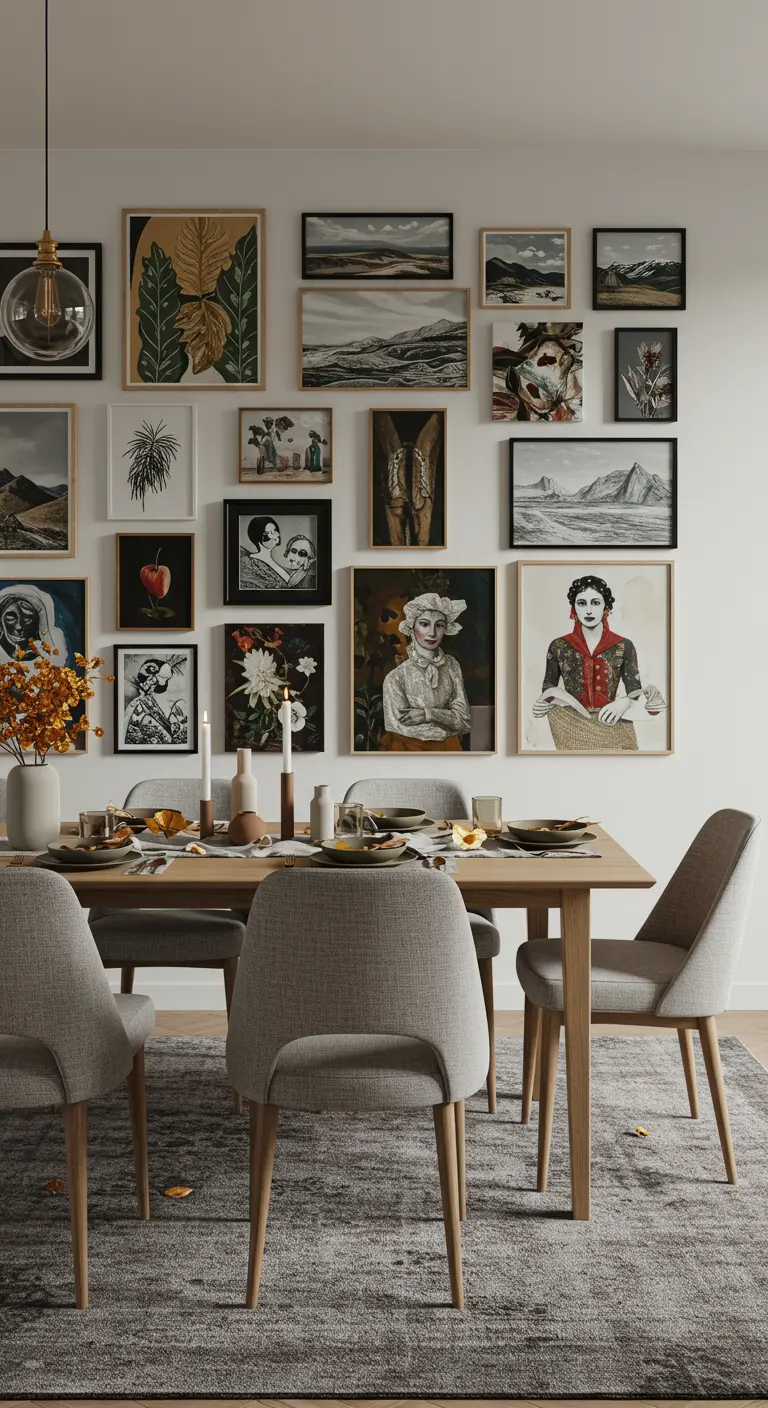 Table de salle à manger moderne avec mur de cadres éclectique et décoration automnale minimaliste.