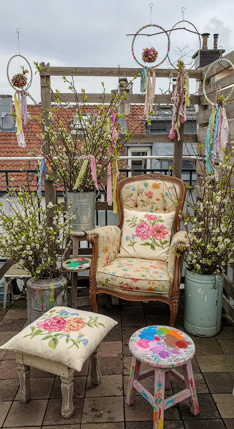 Terrasse sur le toit avec fauteuil vintage, tabourets peints, branches fleuries et attrape-rêves colorés.