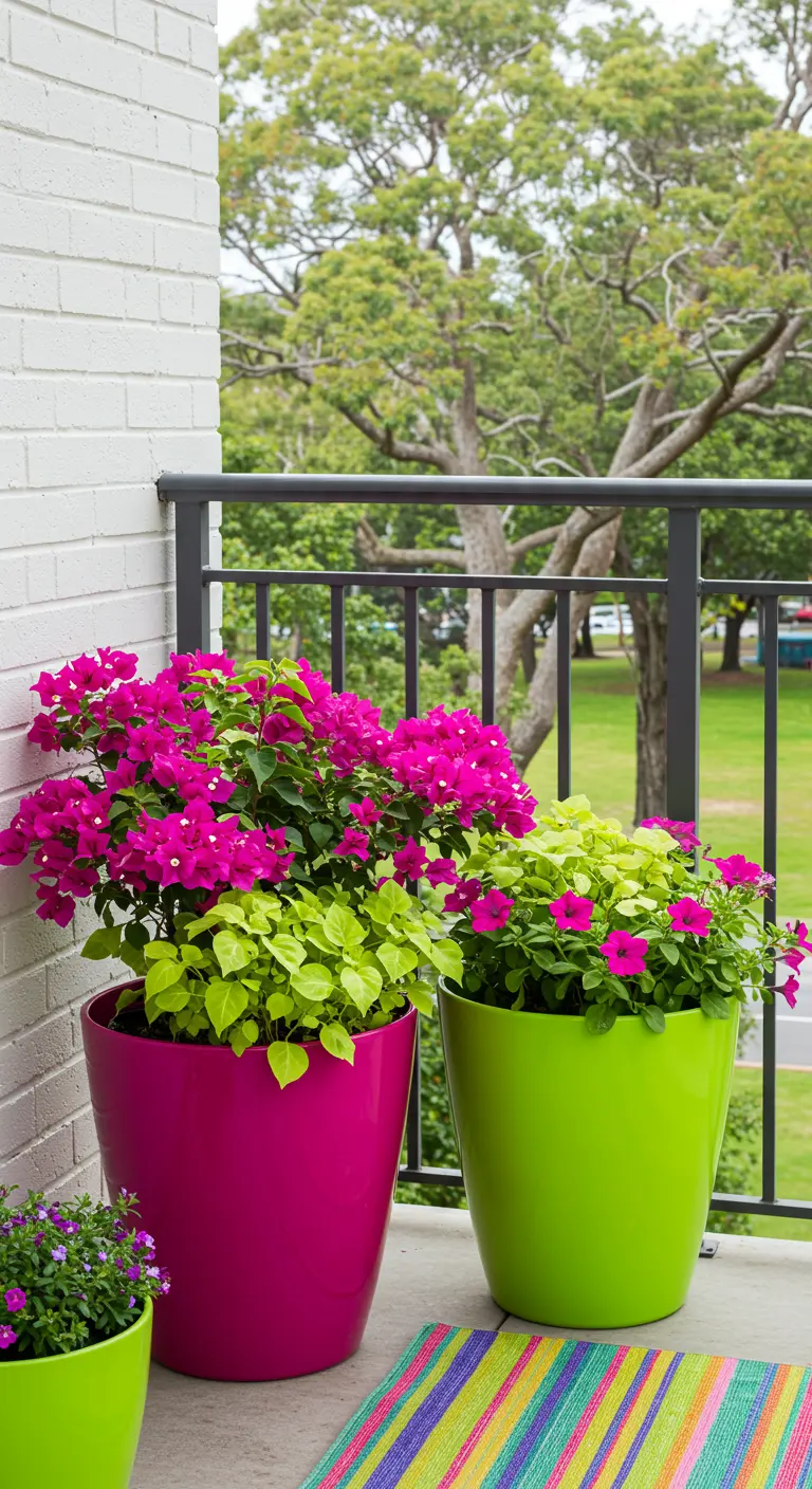 Balcon avec des pots fuchsia et vert citron, bougainvilliers et un tapis rayé.