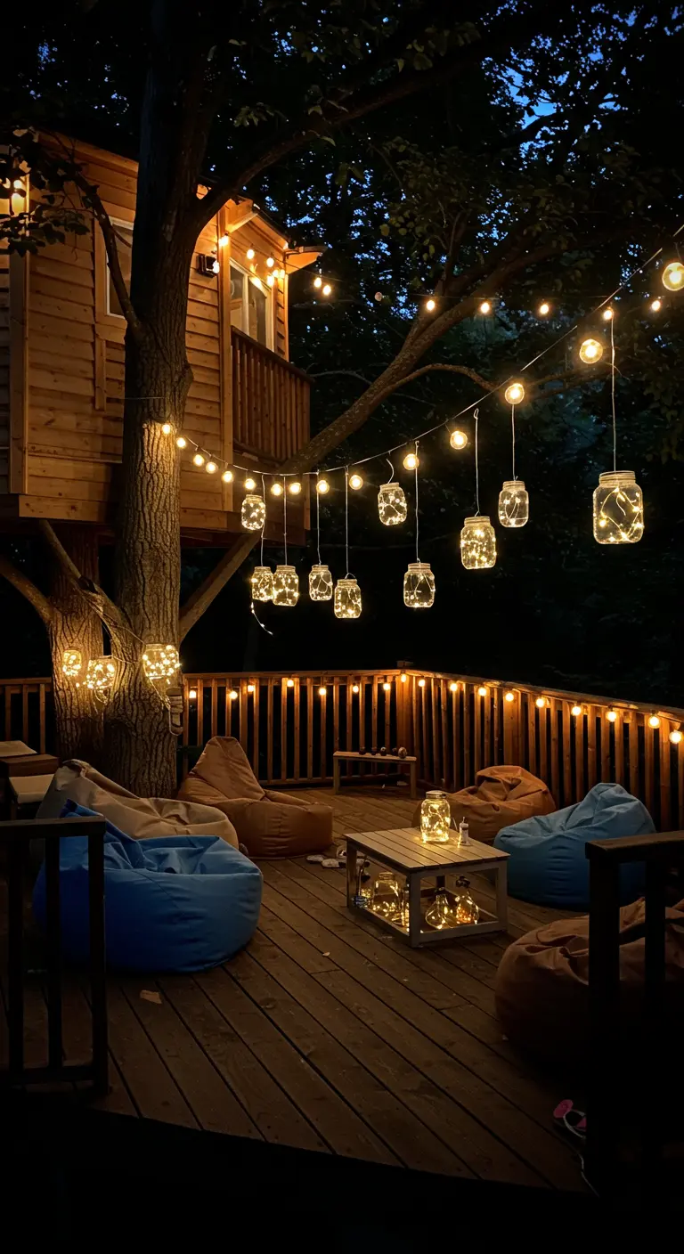 Terrasse en bois autour d'un arbre avec une cabane, éclairée par des guirlandes et des bocaux lumineux, avec des poufs colorés.