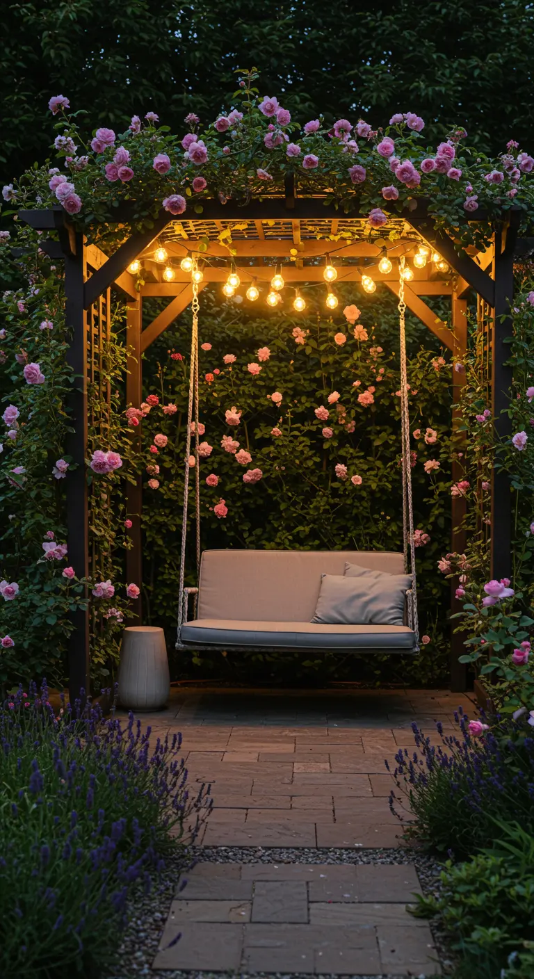 Balançoire de jardin sous une arche fleurie de roses roses et ornée de guirlandes lumineuses.