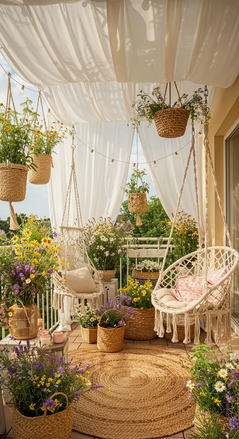 Balcon bohème avec voile d'ombrage, chaises suspendues et abondance de fleurs.