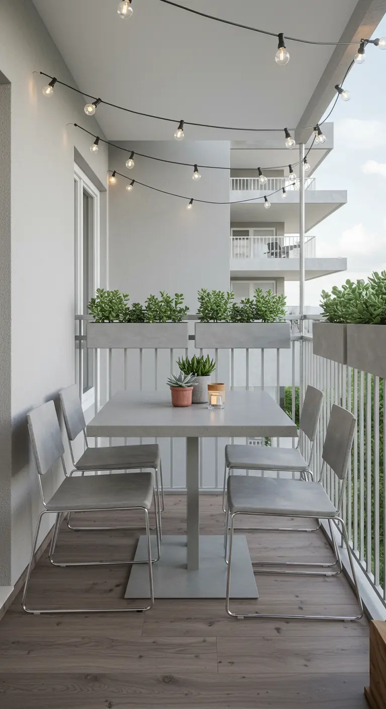Petite table carrée en béton et chaises sur un balcon, avec guirlandes lumineuses et jardinières.