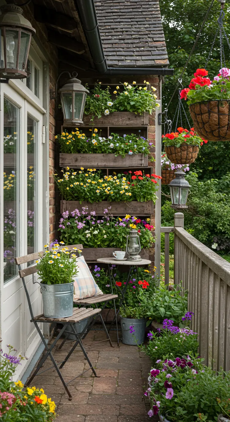 Balcon de style cottage avec jardinières en bois empilées, paniers suspendus et petites tables bistro.