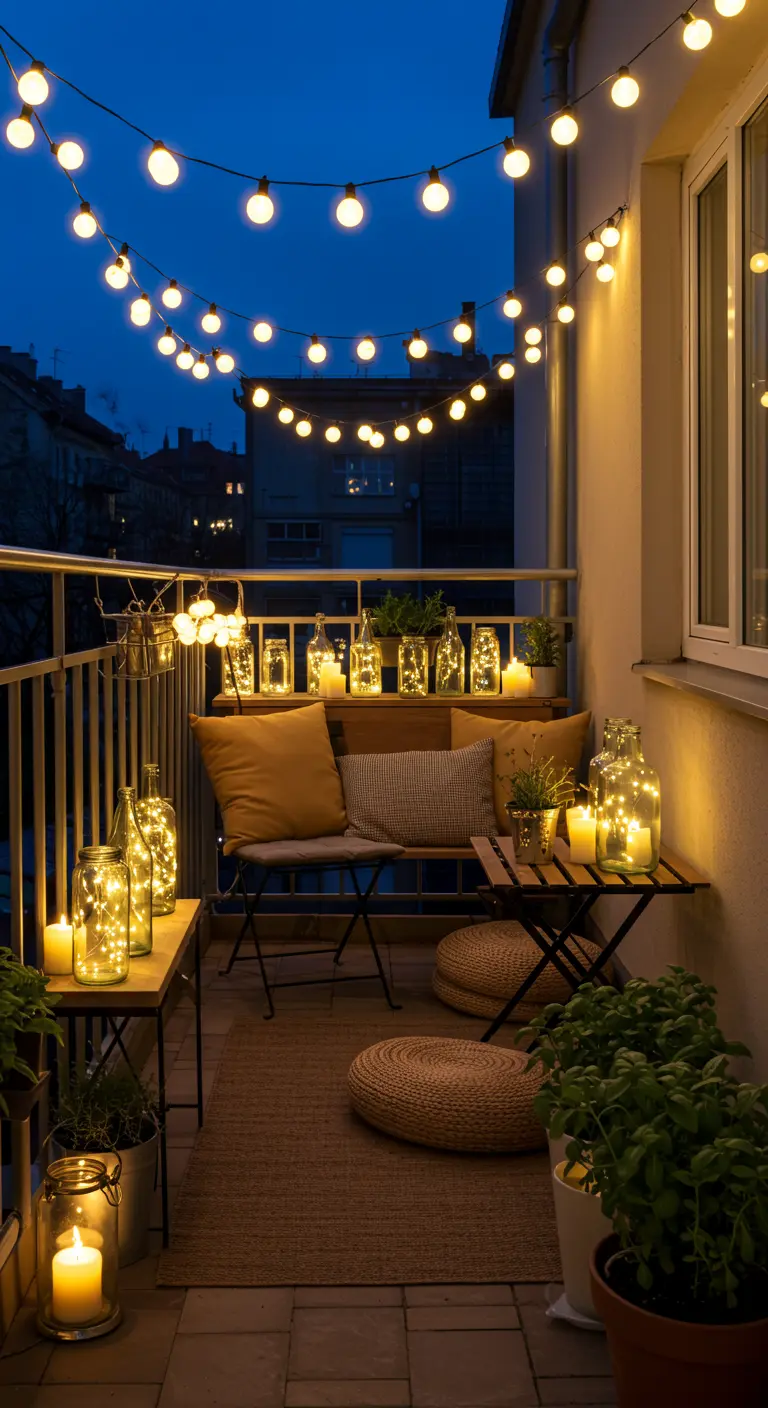 Balcon cosy avec guirlandes lumineuses, bocaux LED, coussins de sol et plantes.