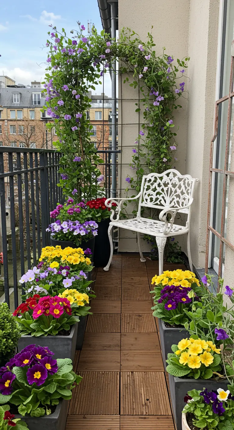 Petit balcon décoré de primevères multicolores, un treillis fleuri et une chaise blanche ornée.