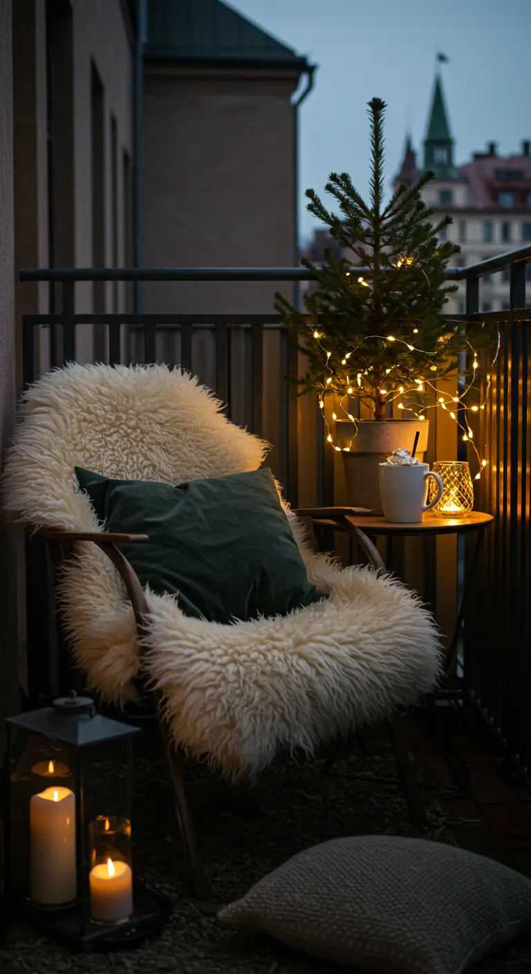 Petit balcon avec chaise en peau de mouton, mini sapin lumineux et lanterne.