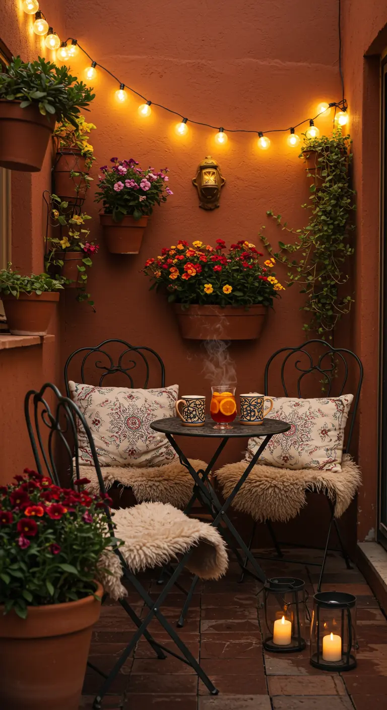 Petit balcon avec mur terracotta, guirlande lumineuse et plantes suspendues.