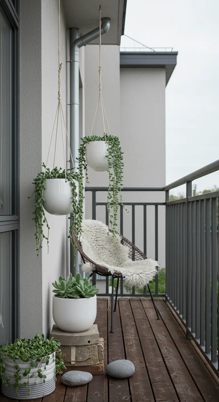Balcon minimaliste avec pots blancs suspendus de succulentes retombantes et chaise en rotin avec jeté blanc.