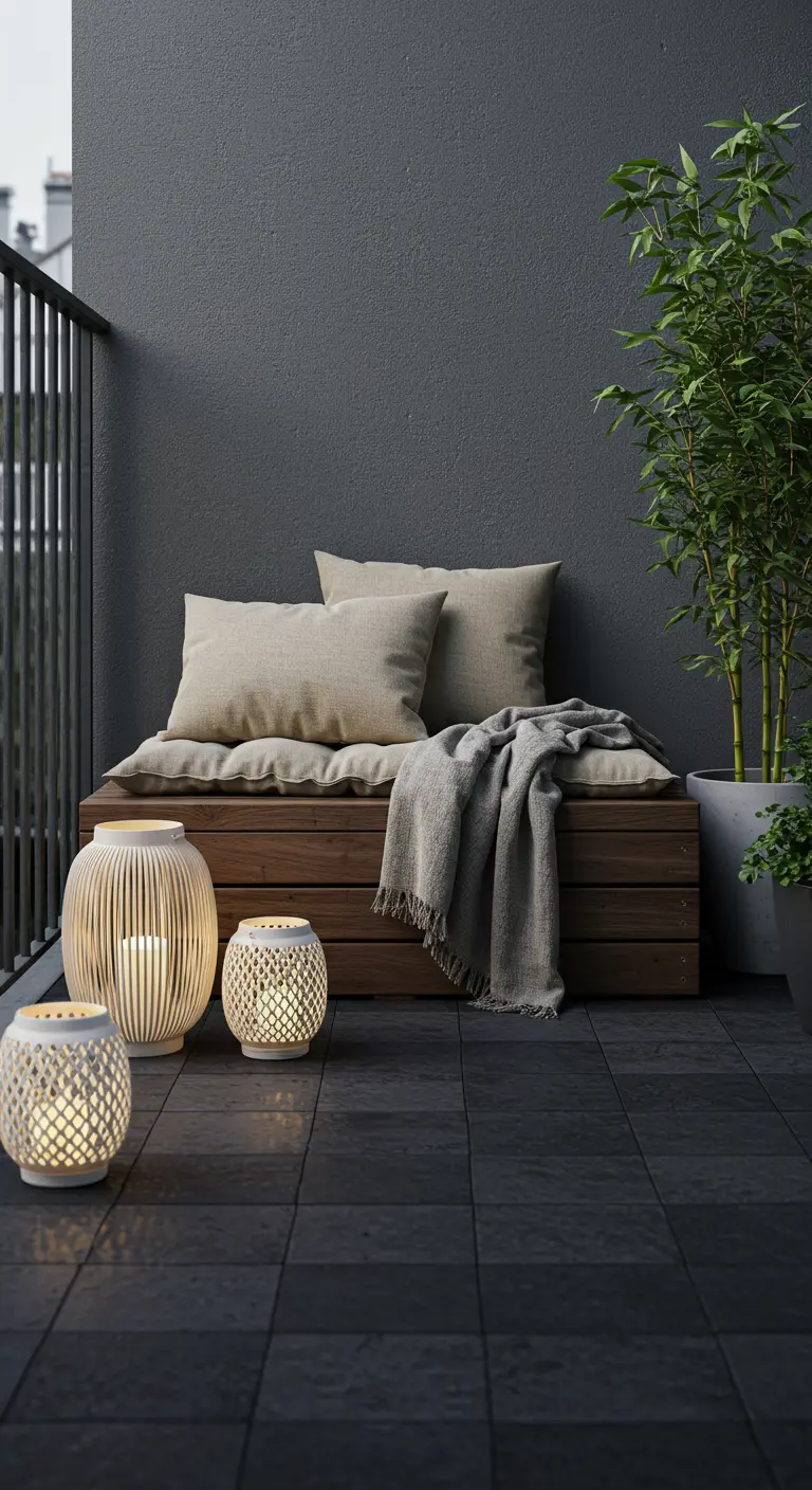 Balcon minimaliste avec banc en bois, coussins beige, bambou et lanternes blanches tressées.