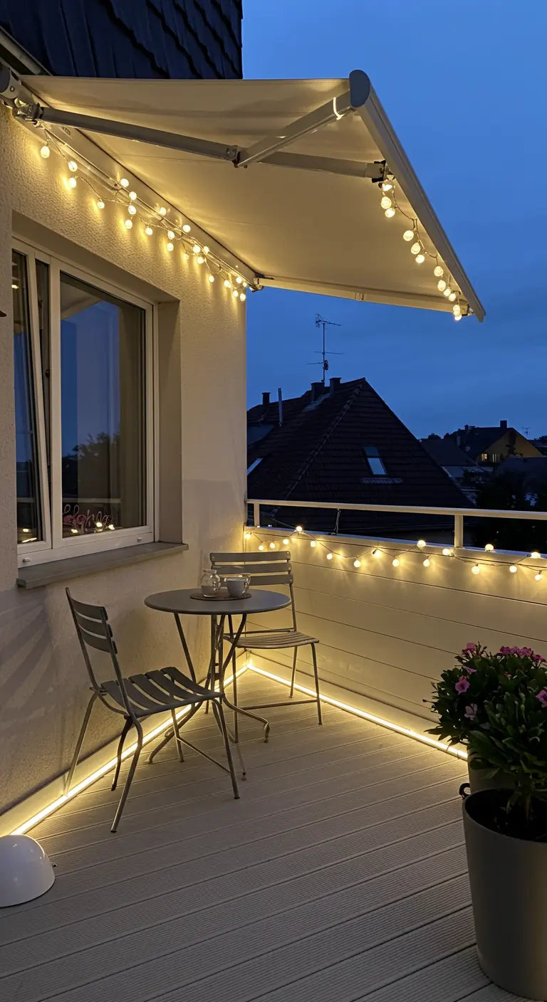 Balcon moderne avec auvent illuminé, guirlandes le long de la rambarde et mobilier de bistro.