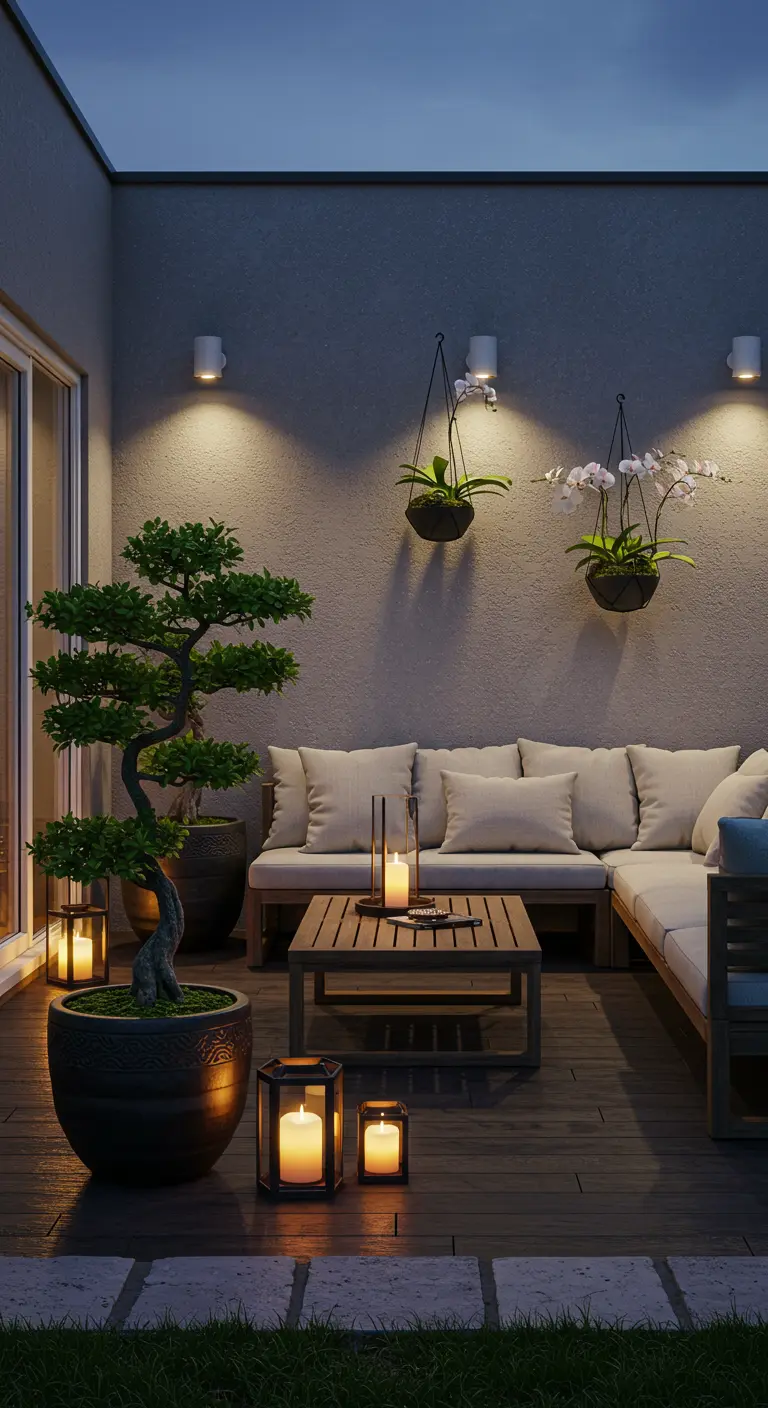 Balcon moderne avec canapé d'angle, lanternes au sol, bonsai et suspensions florales.