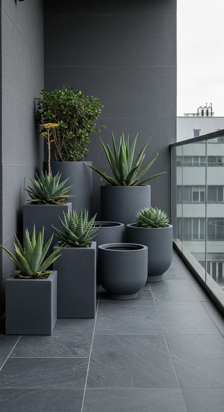 Plantes succulentes et aloès dans des pots gris anthracite de formes variées sur un balcon.