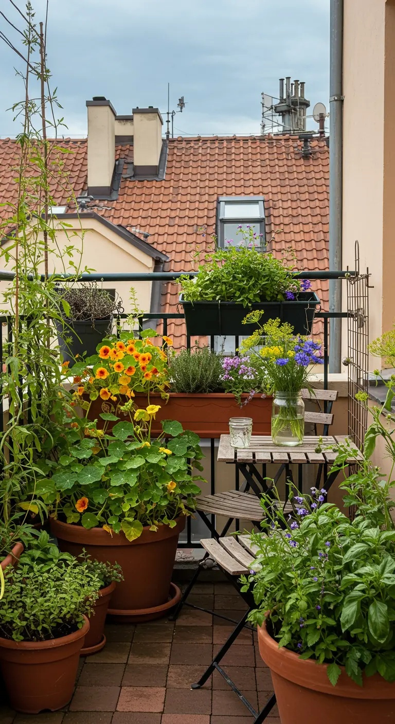 Balcon urbain étroit rempli de pots en terre cuite avec des herbes et des fleurs variées.