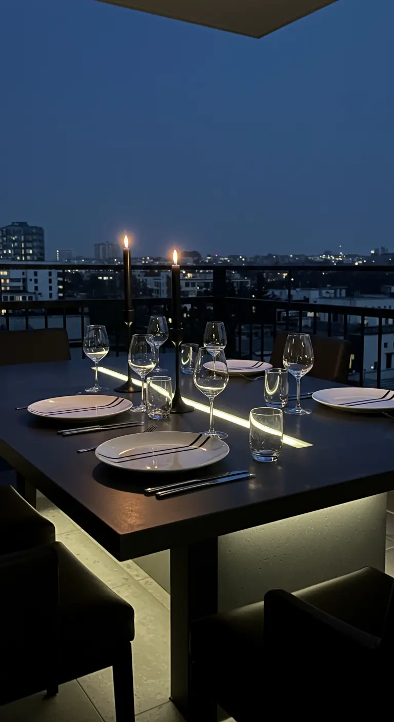 Dîner sur un balcon moderne avec une table lumineuse et vue nocturne sur la ville.