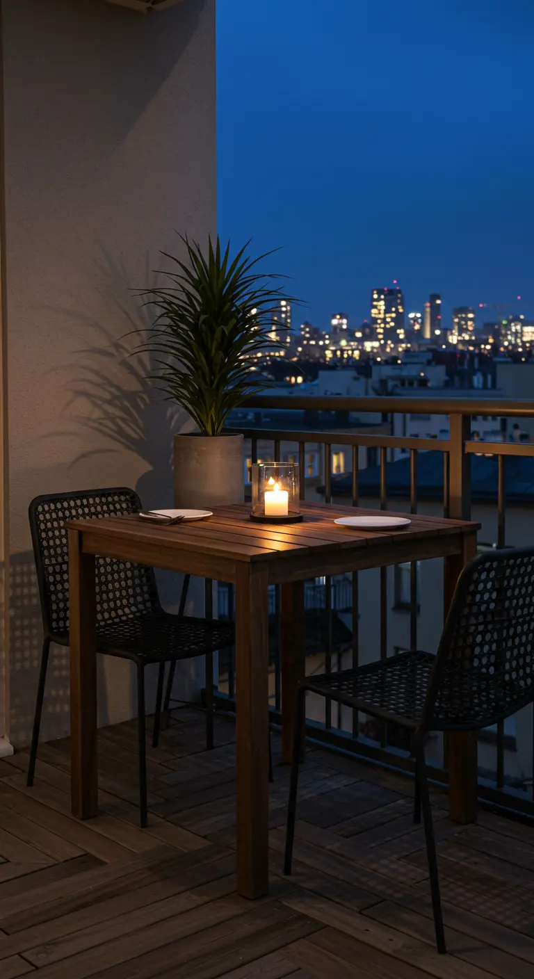 Petite table carrée en bois sombre, chaises tressées noires, plante en pot sur un balcon urbain.