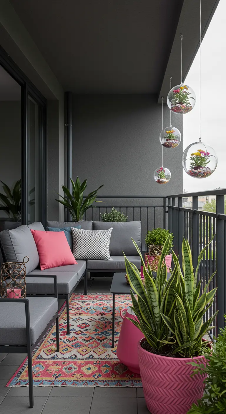 Balcon urbain avec canapé gris, coussins roses, terrariums suspendus et tapis coloré.